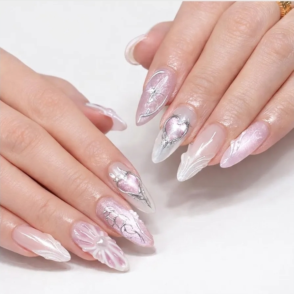 🦄 Press On Nails Almond Medium, Pink Shimmer Heart & Star Design
